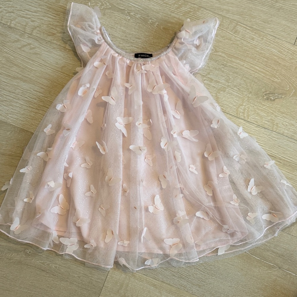Zunie Soft Sparkle Pink Butterfly Appliqué Mesh Party Dress